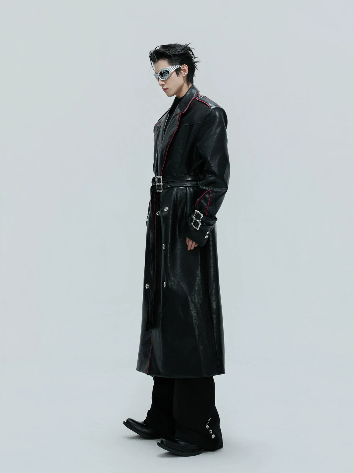 Belted Faux-Leather Long Coat with Wide Shoulders - main image 3