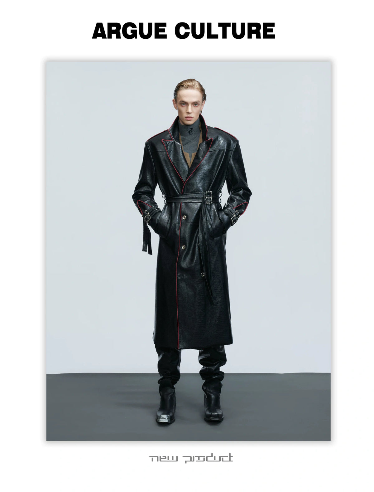 Belted Faux-Leather Long Coat with Wide Shoulders - detail image 8