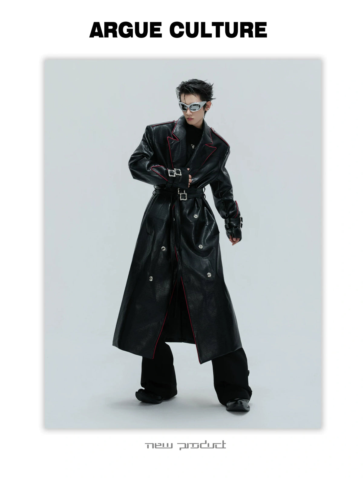 Belted Faux-Leather Long Coat with Wide Shoulders - detail image 12