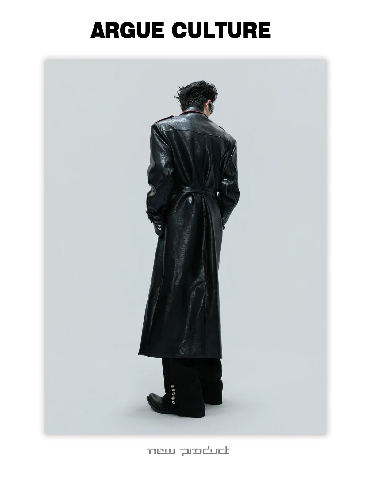 Belted Faux-Leather Long Coat with Wide Shoulders - detail image 11