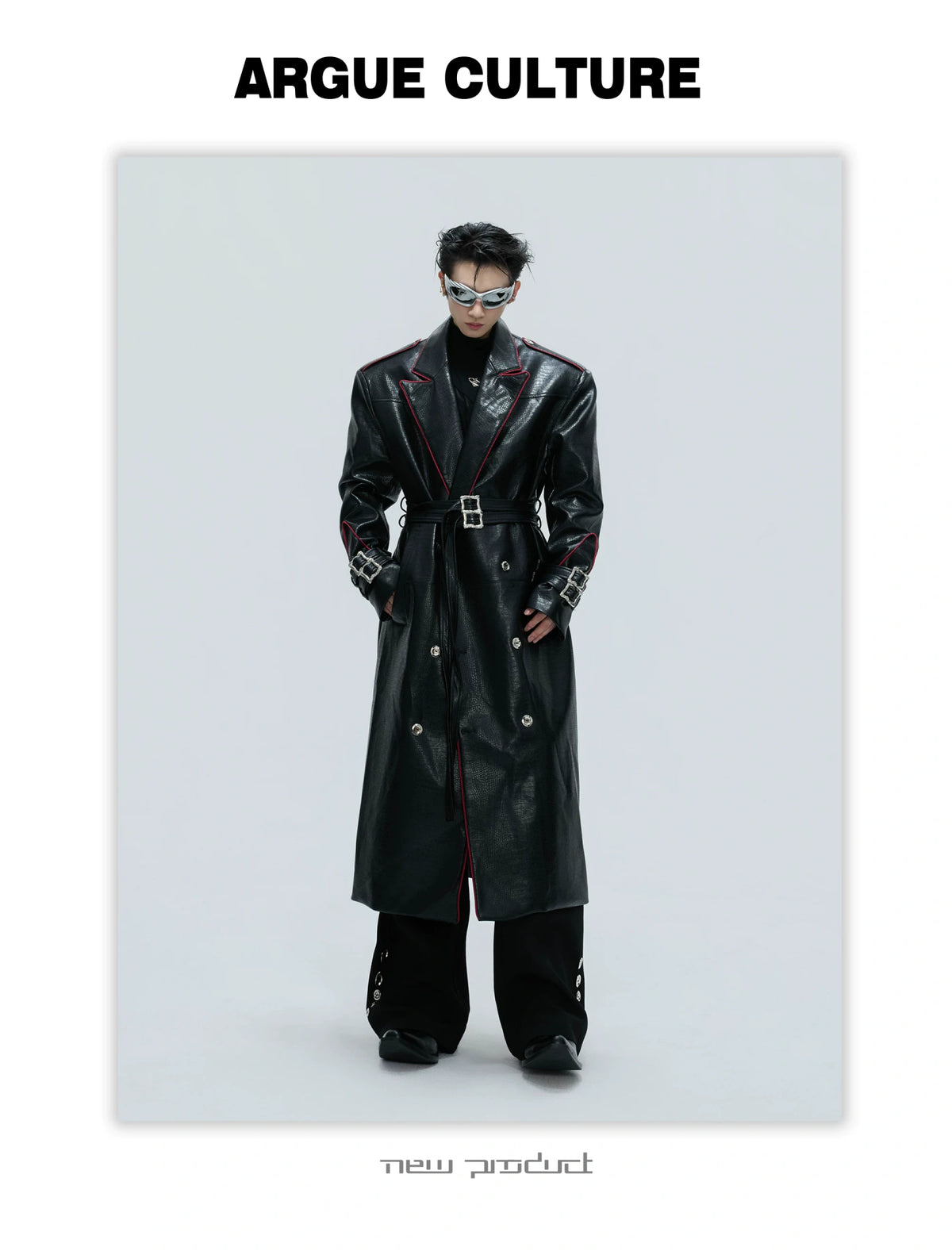 Belted Faux-Leather Long Coat with Wide Shoulders - detail image 2