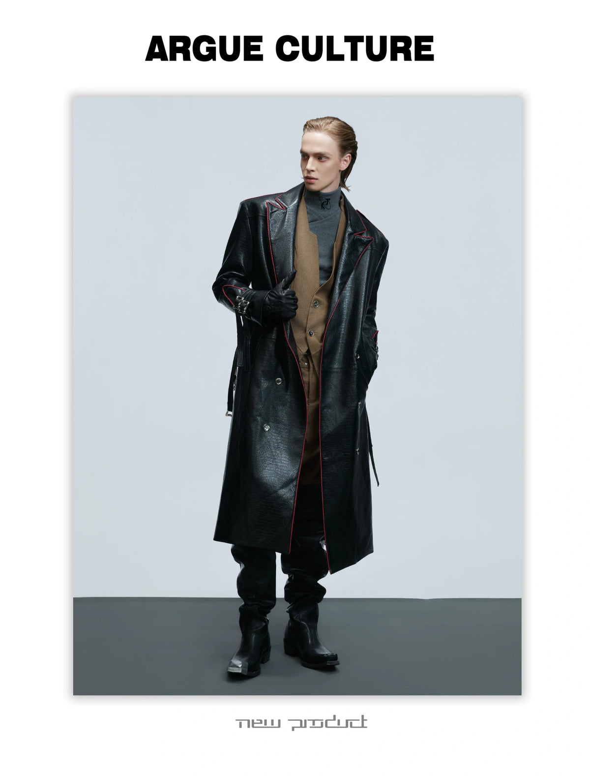 Belted Faux-Leather Long Coat with Wide Shoulders - detail image 5