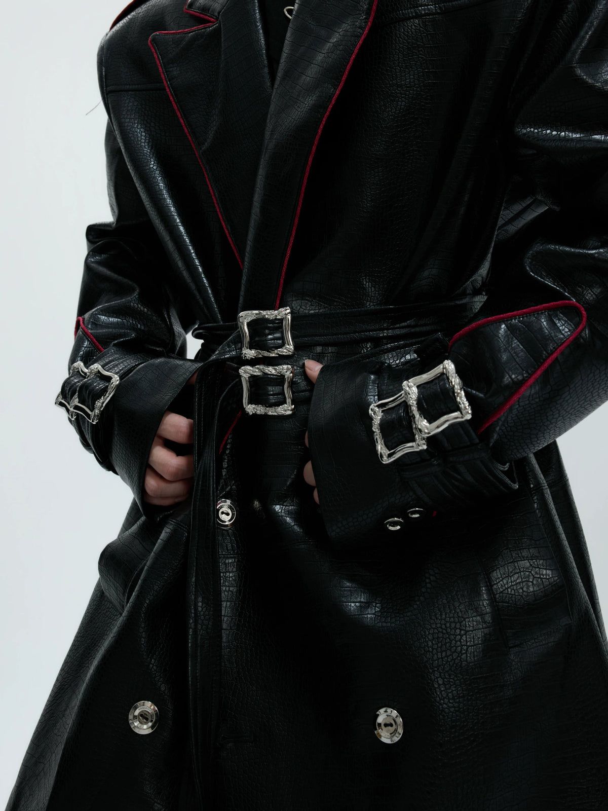 Belted Faux-Leather Long Coat with Wide Shoulders - main image 4