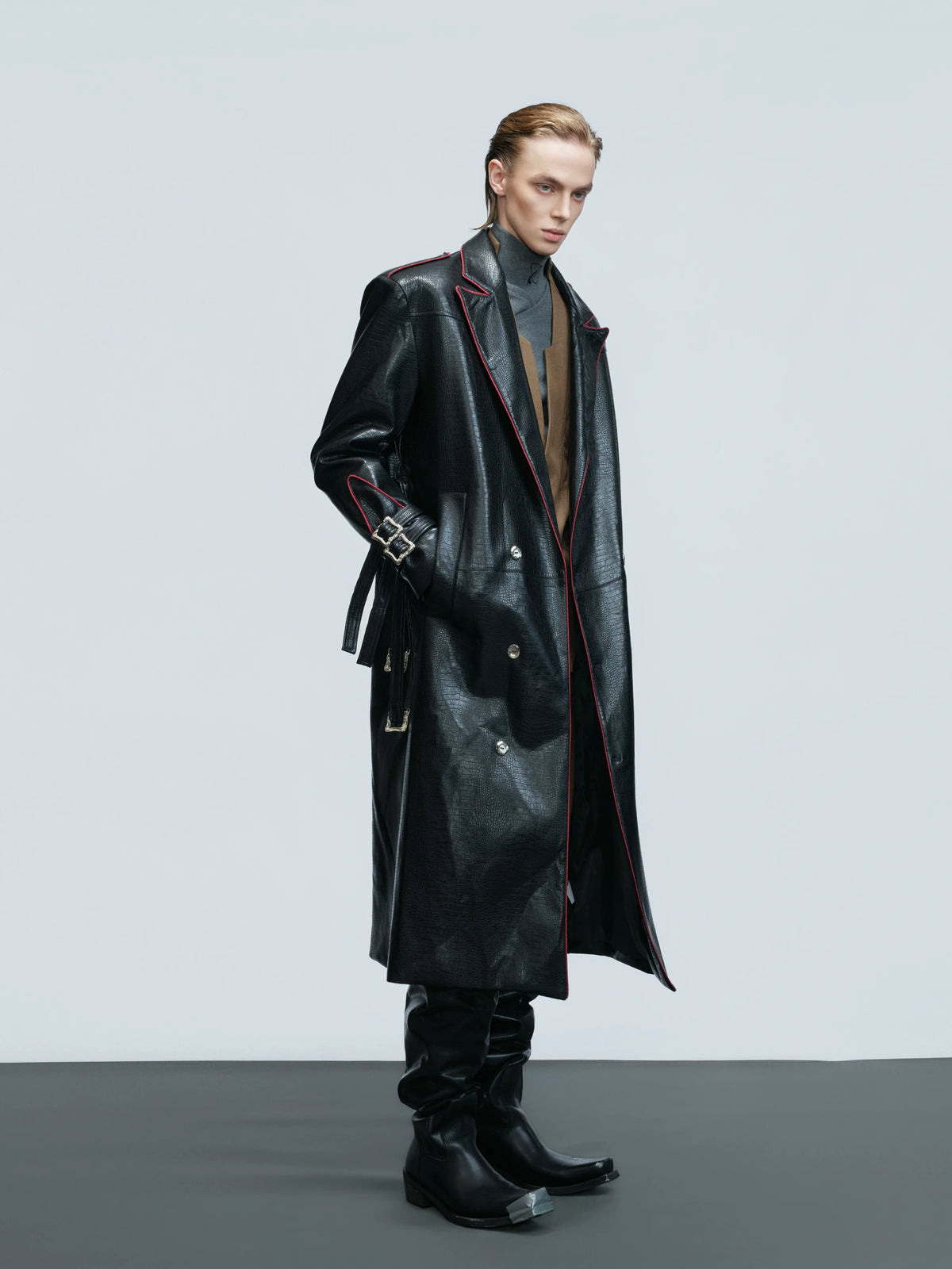 Belted Faux-Leather Long Coat with Wide Shoulders - main image 2