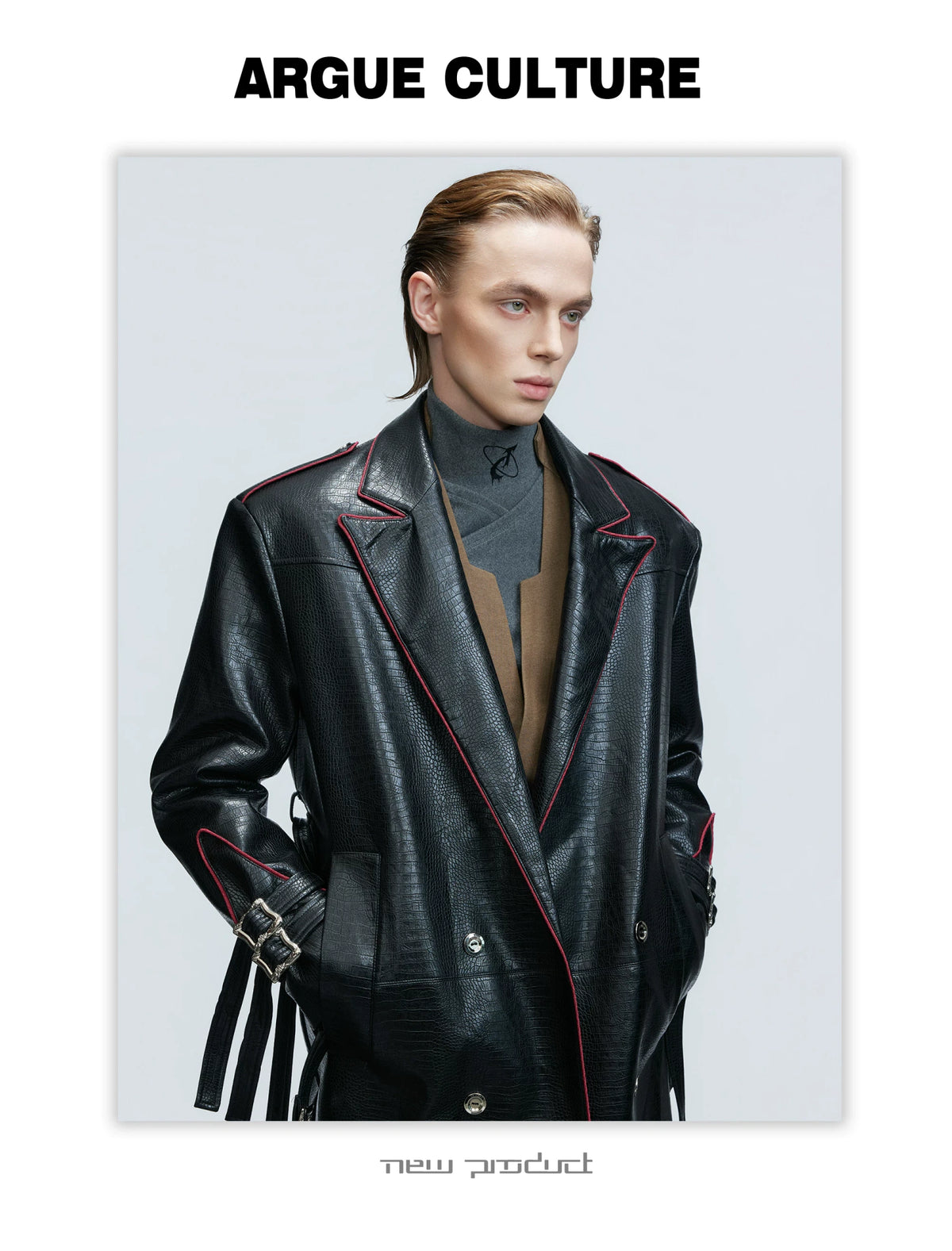 Belted Faux-Leather Long Coat with Wide Shoulders - detail image 6