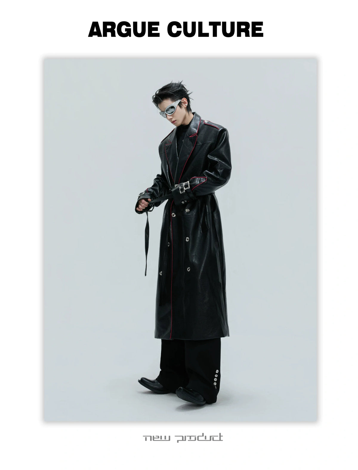 Belted Faux-Leather Long Coat with Wide Shoulders - detail image 9