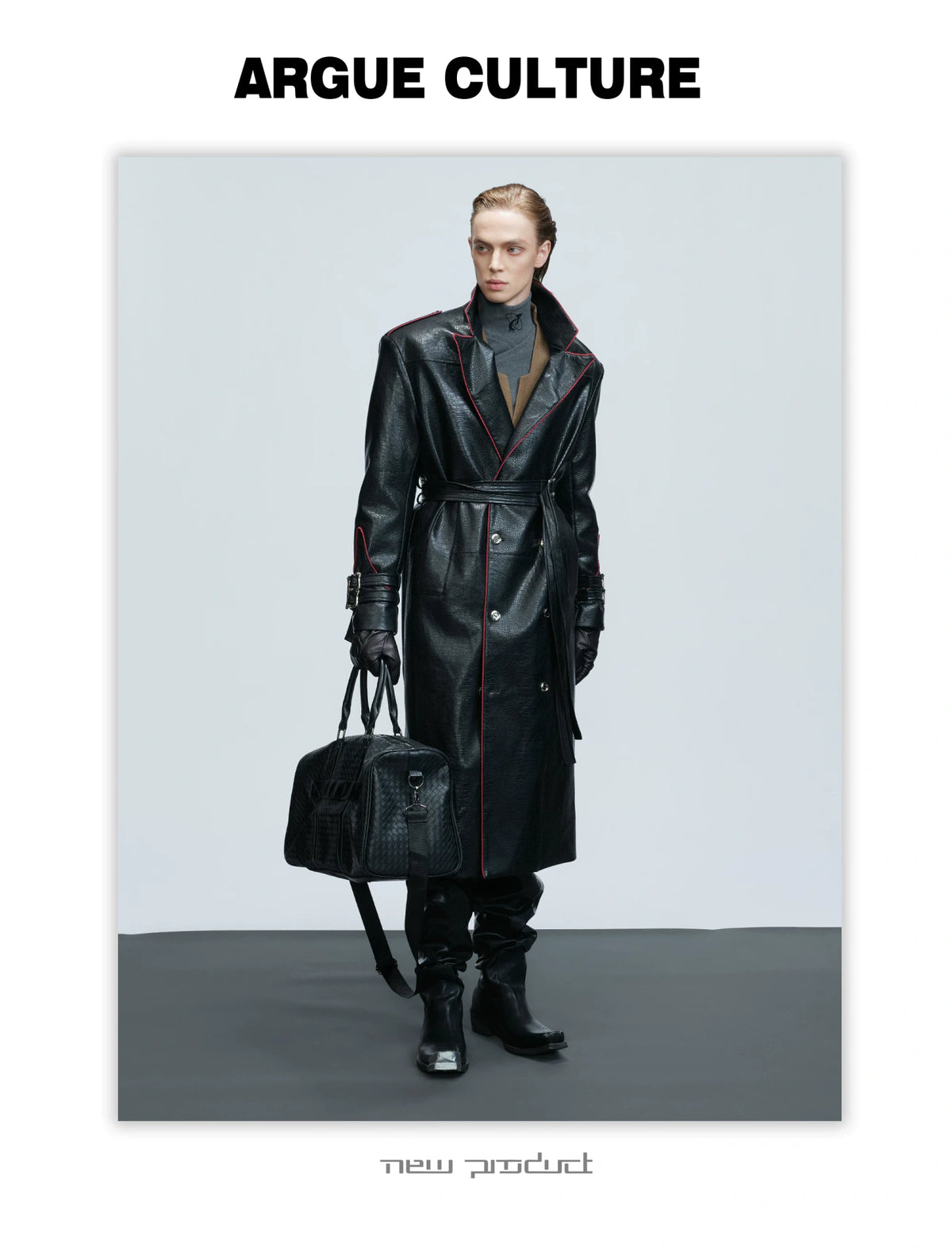 Belted Faux-Leather Long Coat with Wide Shoulders - detail image 7
