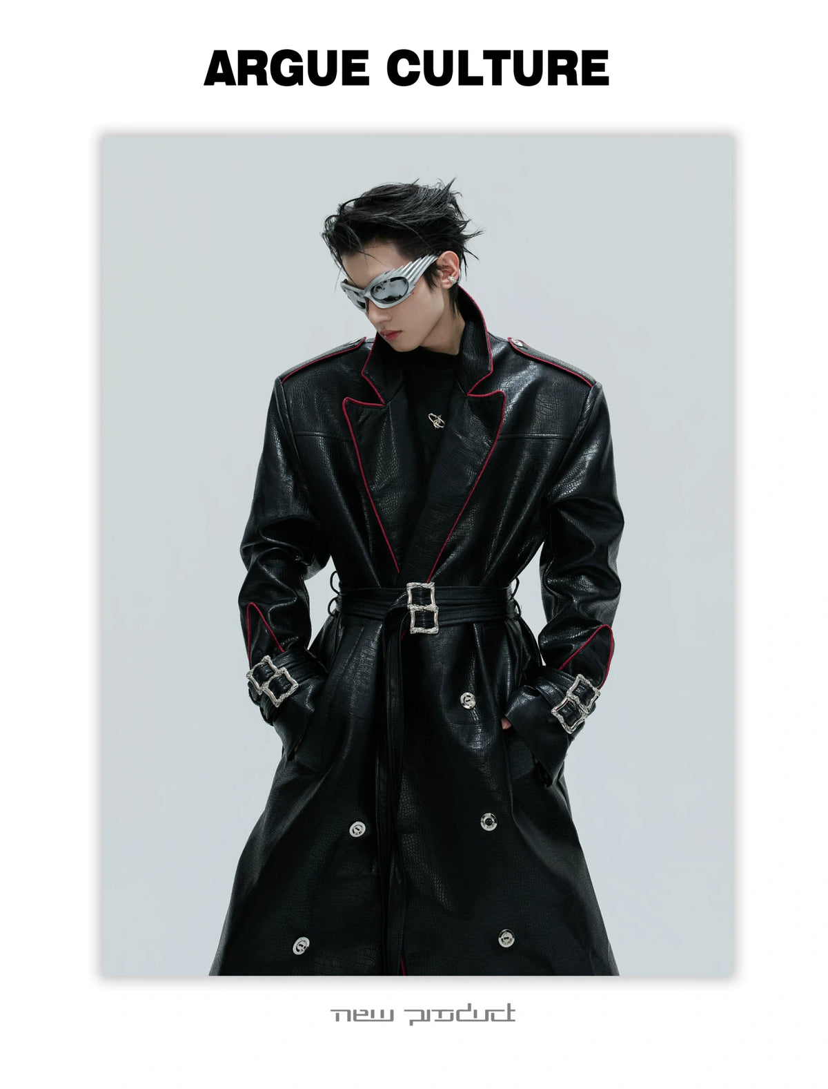 Belted Faux-Leather Long Coat with Wide Shoulders - detail image 3