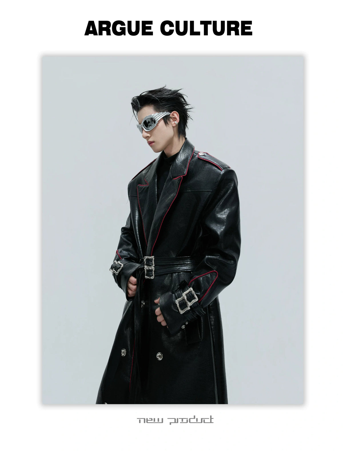 Belted Faux-Leather Long Coat with Wide Shoulders - detail image 14