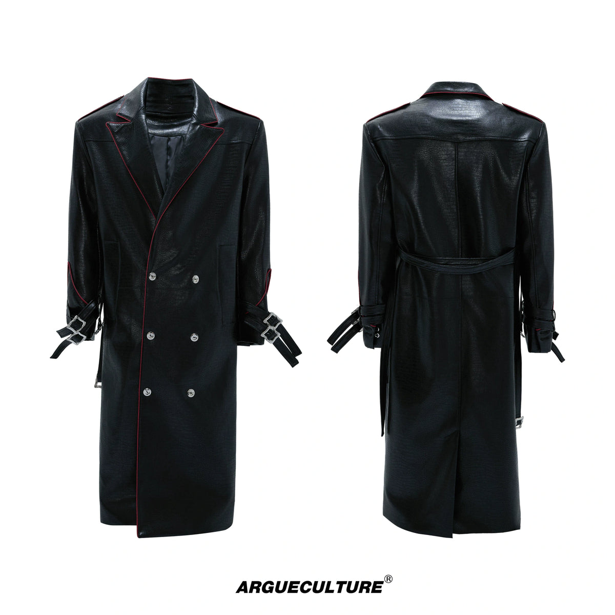 Belted Faux-Leather Long Coat with Wide Shoulders - Black