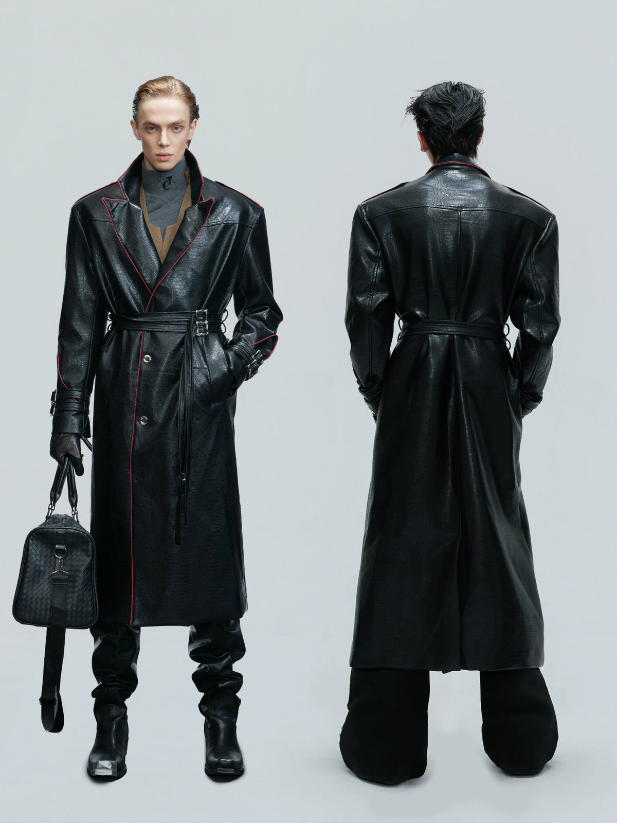 Belted Faux-Leather Long Coat with Wide Shoulders - main image 5