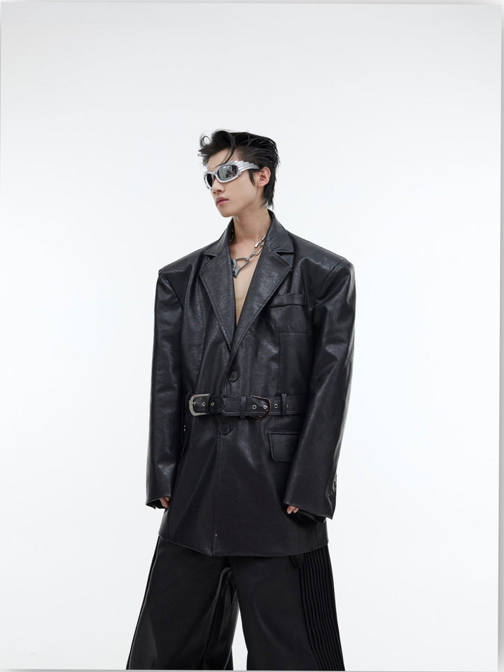 Belted Shoulder - Pad Leather Blazer | Loose Silhouette Suit Jacket for Men - ArguE CulturE