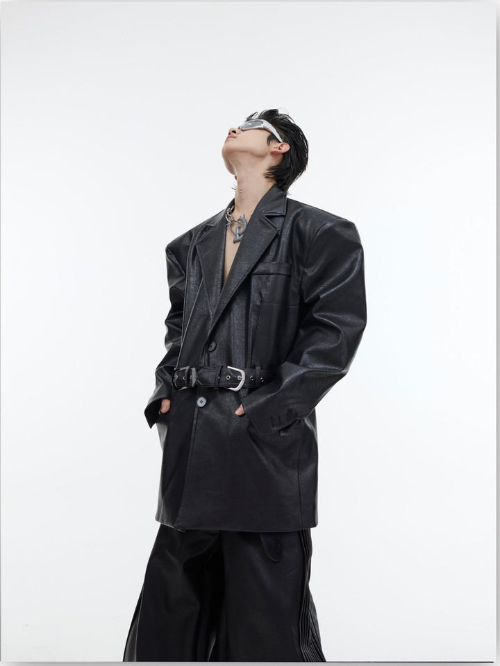 Belted Shoulder - Pad Leather Blazer | Loose Silhouette Suit Jacket for Men - ArguE CulturE