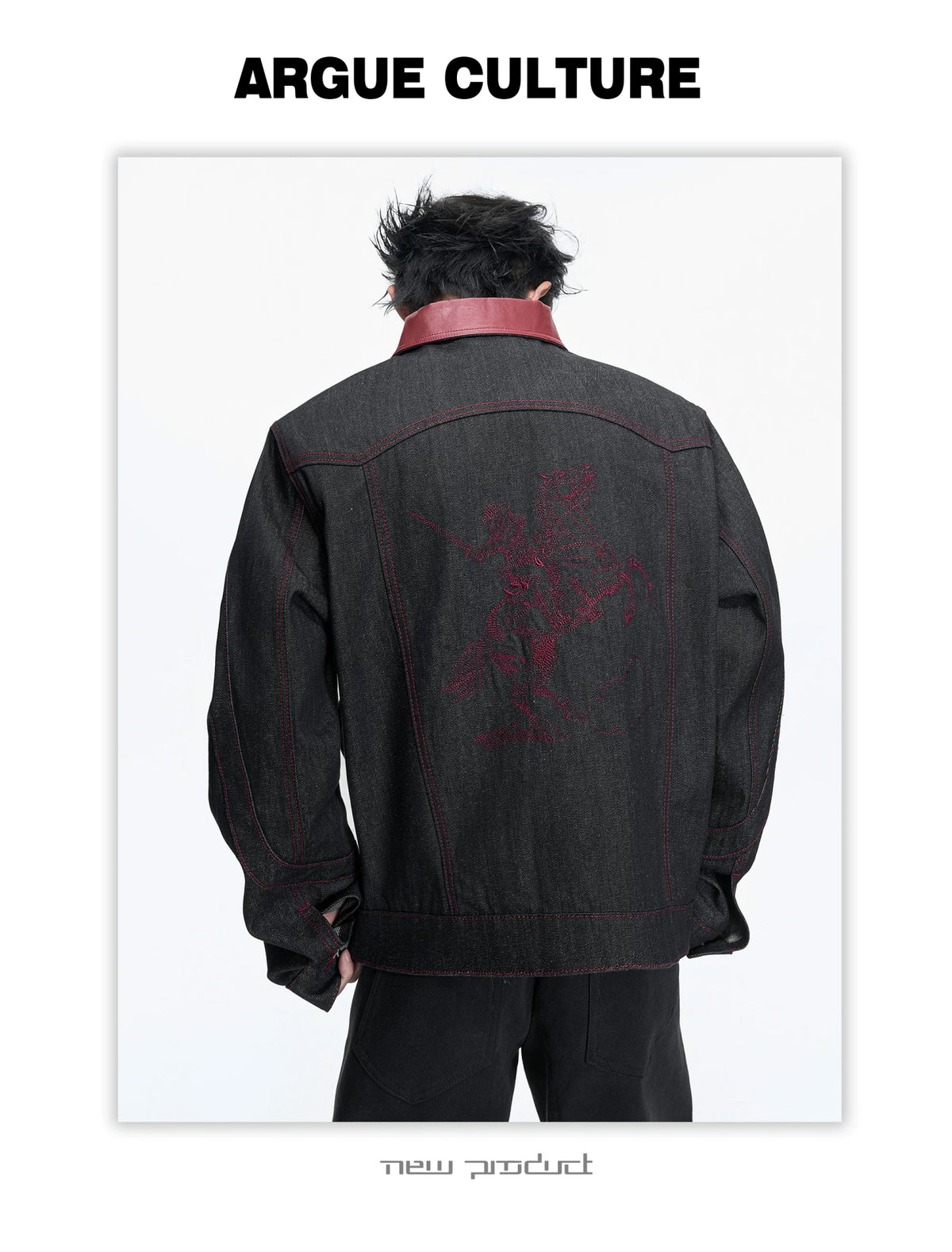 Black 14.5 oz Raw Denim Embroidered Streetwear Jacket - detail image 3