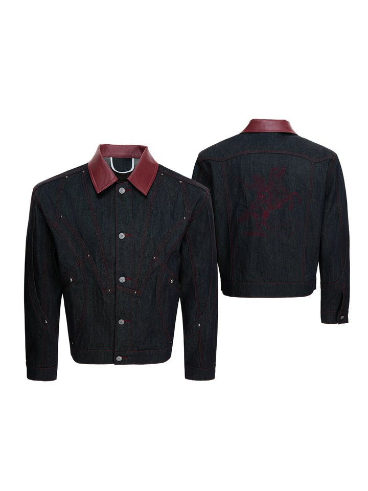 Black 14.5 oz Raw Denim Embroidered Streetwear Jacket - main image 1