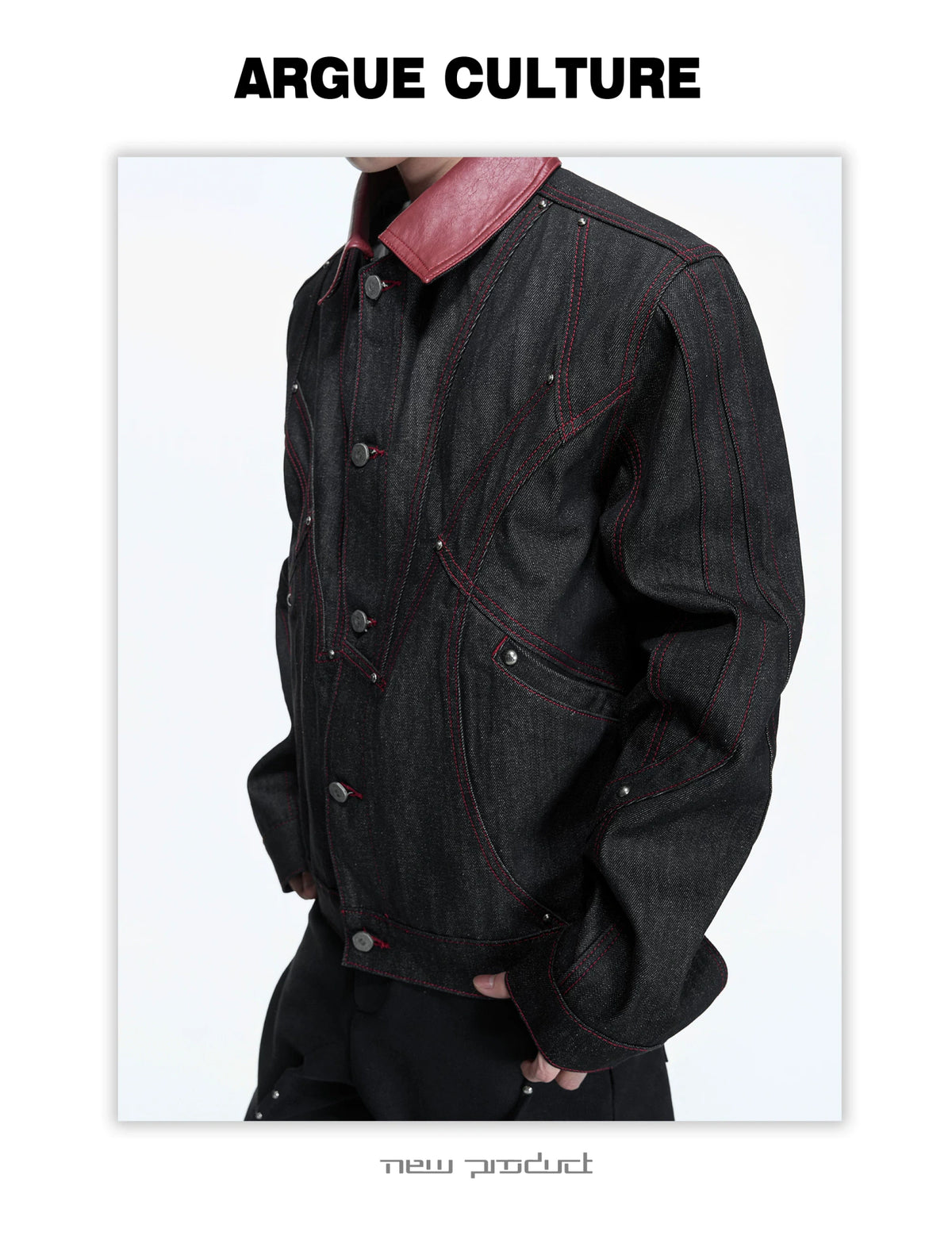 Black 14.5 oz Raw Denim Embroidered Streetwear Jacket - detail image 2