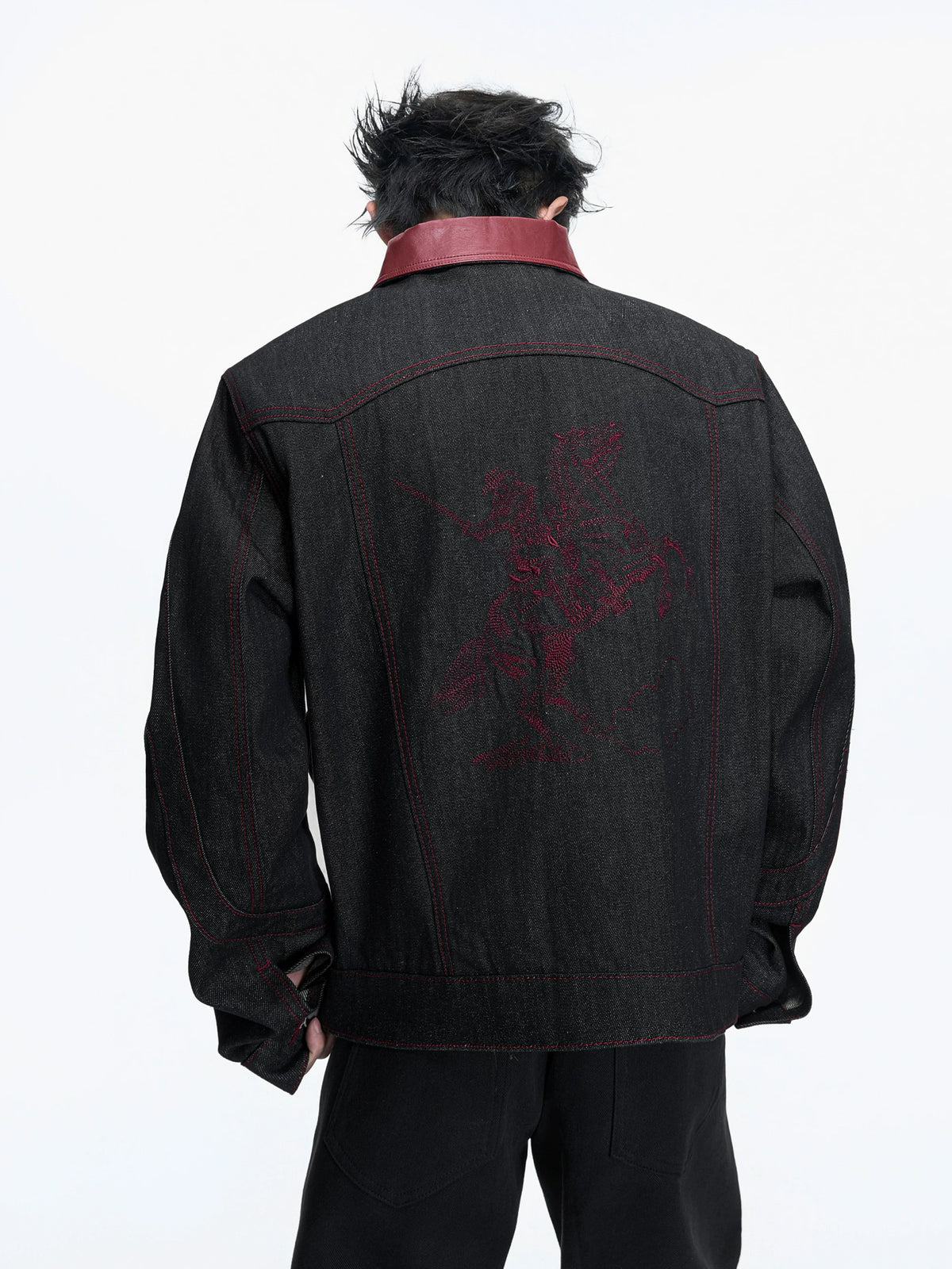 Black 14.5 oz Raw Denim Embroidered Streetwear Jacket - main image 4