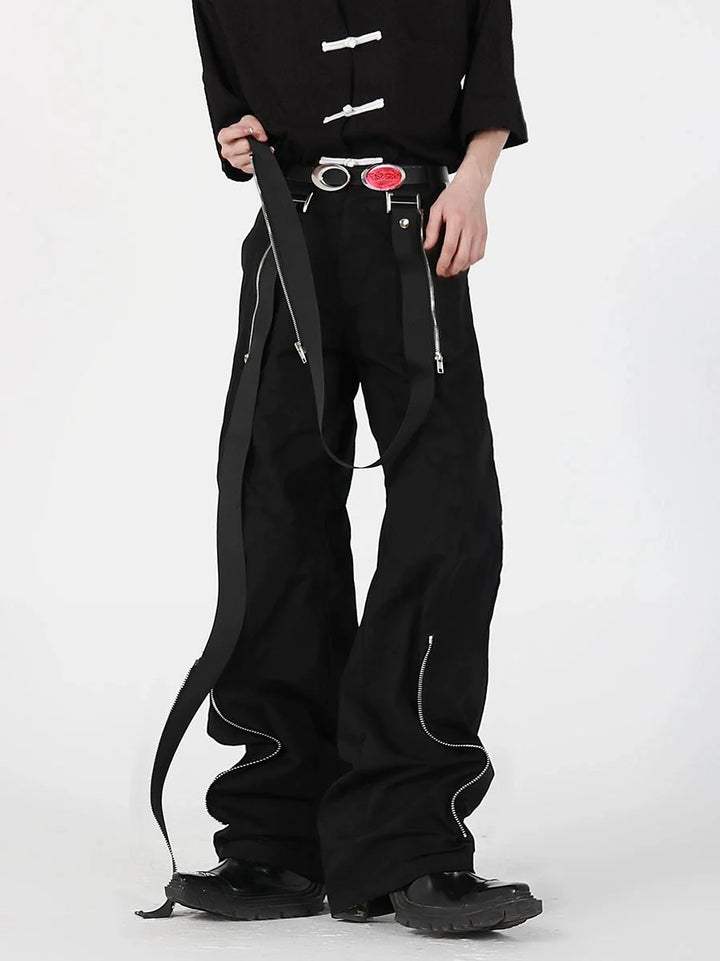 Black Casual Trousers with Metal Zipper and Streamer Patchwork Design - ArguE CulturE