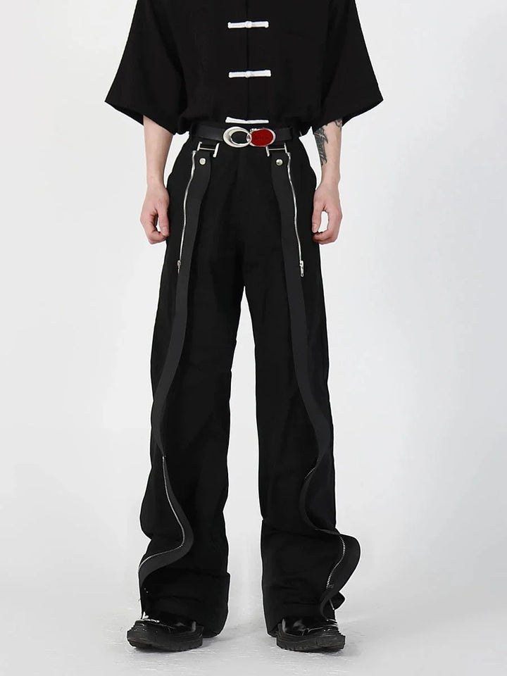 Black Casual Trousers with Metal Zipper and Streamer Patchwork Design - ArguE CulturE