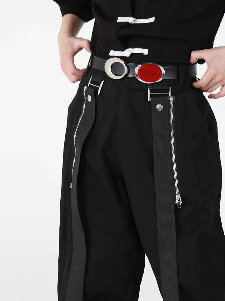 Black Casual Trousers with Metal Zipper and Streamer Patchwork Design - ArguE CulturE