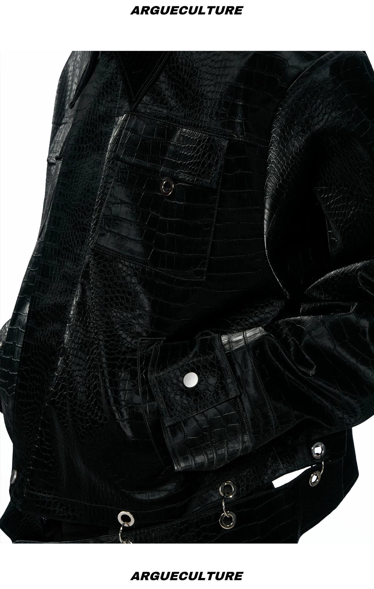 Black Croc-Embossed PU Cropped Zip Jacket | Unisex - detail image 9