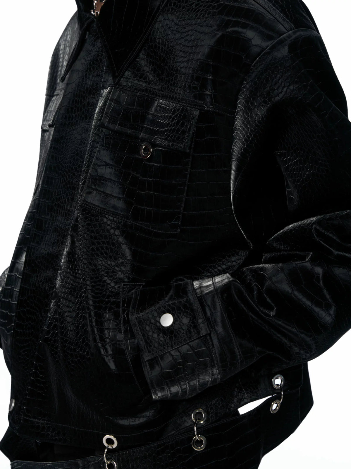 Black Croc-Embossed PU Cropped Zip Jacket | Unisex - main image 3