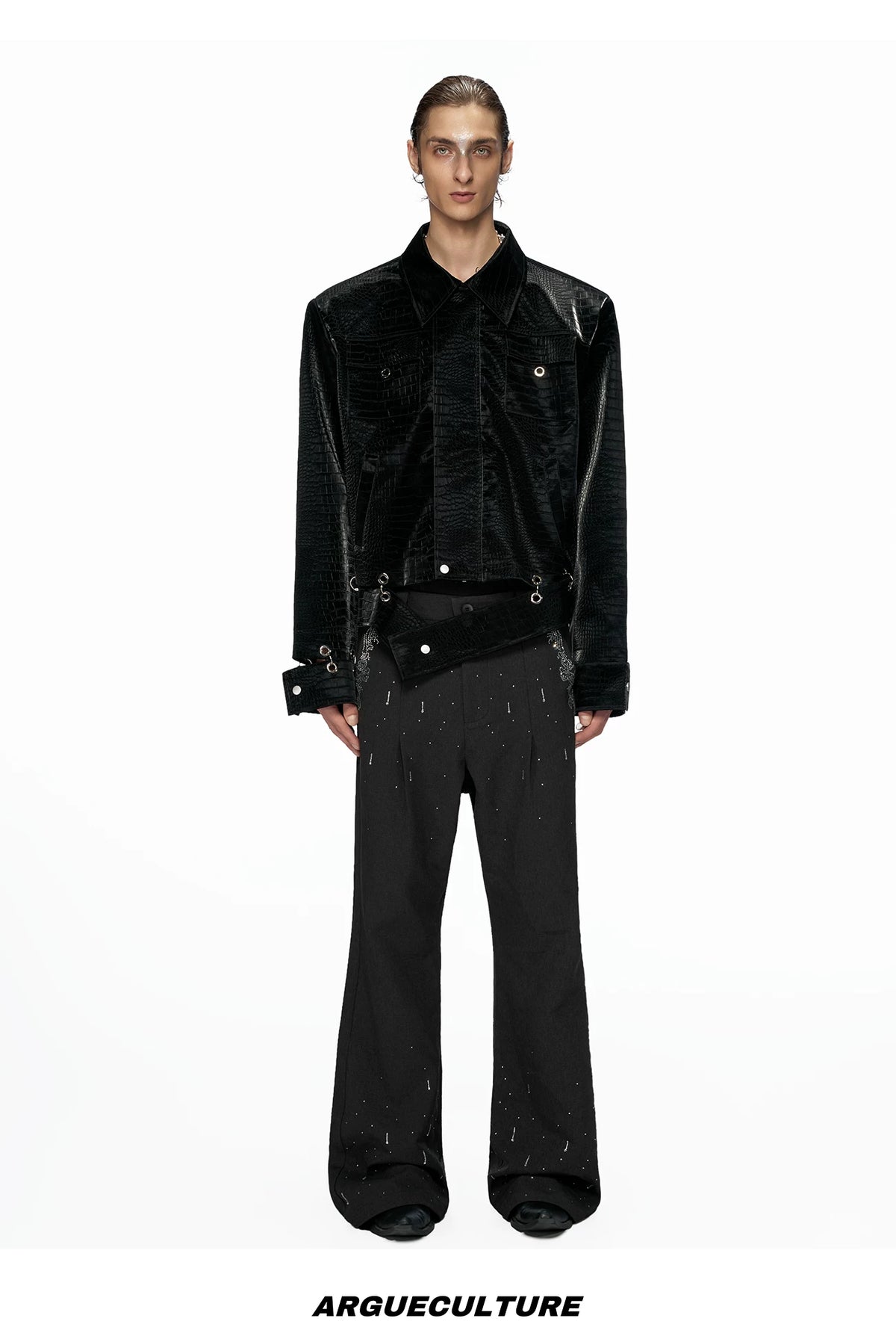 Black Croc-Embossed PU Cropped Zip Jacket | Unisex - detail image 10