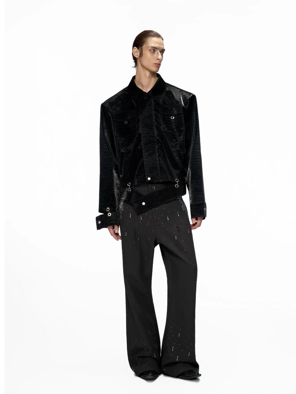 Black Croc-Embossed PU Cropped Zip Jacket | Unisex - main image 5
