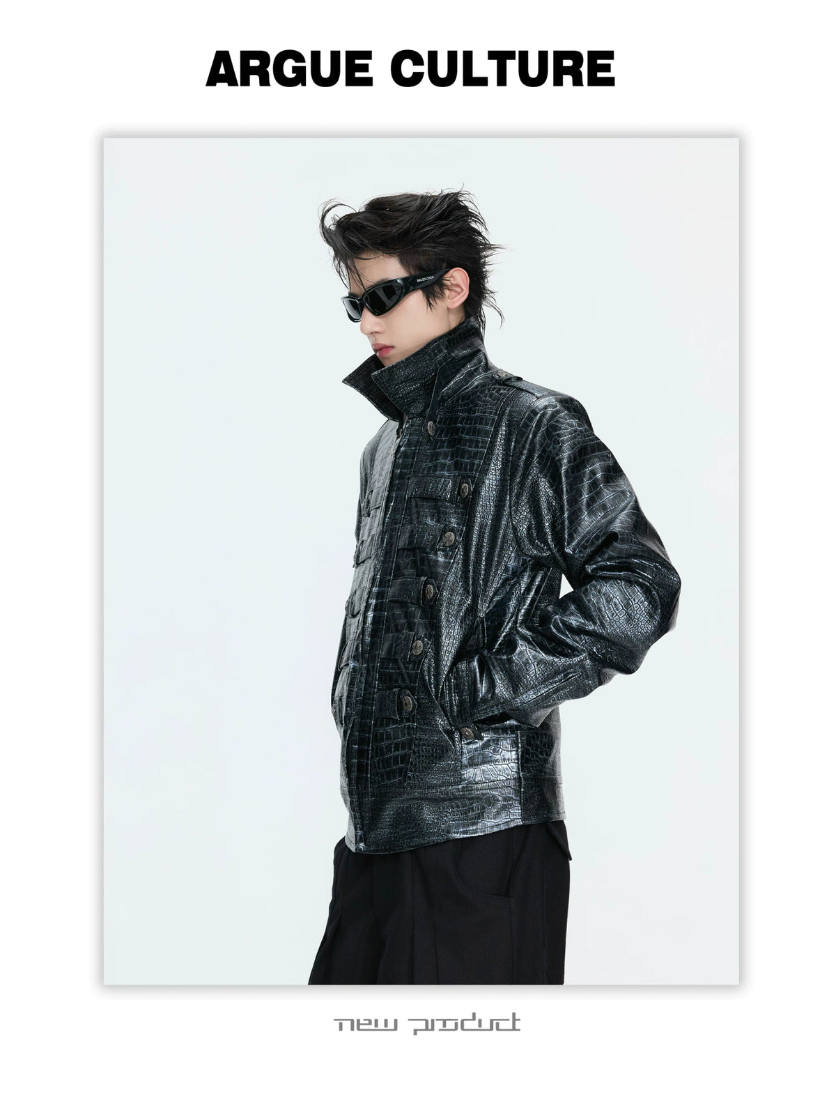 Black Croc-Embossed Synthetic Leather Zip-Front Jacket - detail image 8