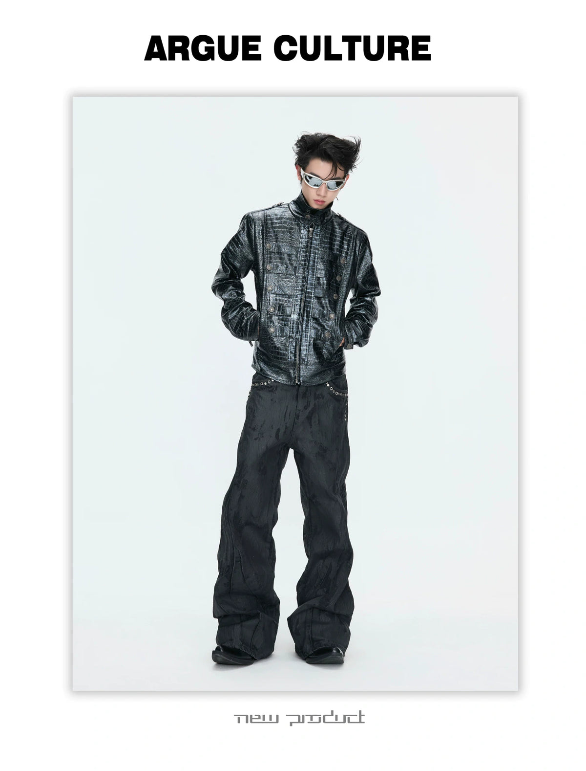 Black Croc-Embossed Synthetic Leather Zip-Front Jacket - detail image 5