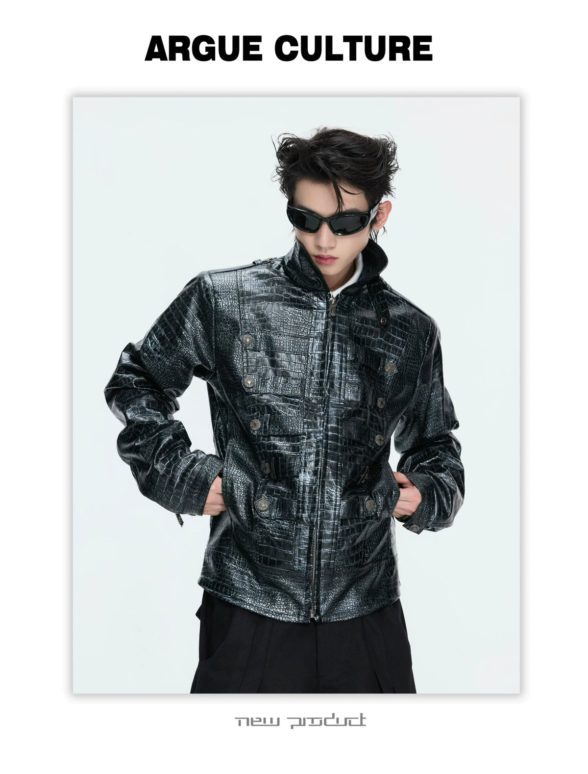 Black Croc-Embossed Synthetic Leather Zip-Front Jacket - detail image 7