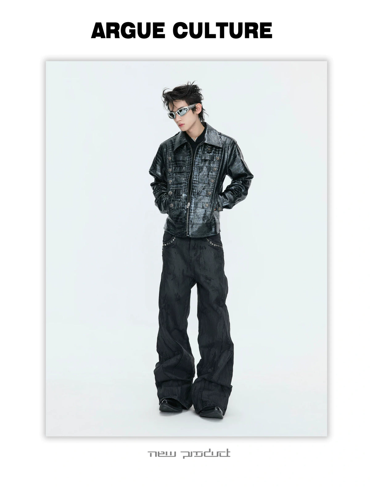 Black Croc-Embossed Synthetic Leather Zip-Front Jacket - detail image 4