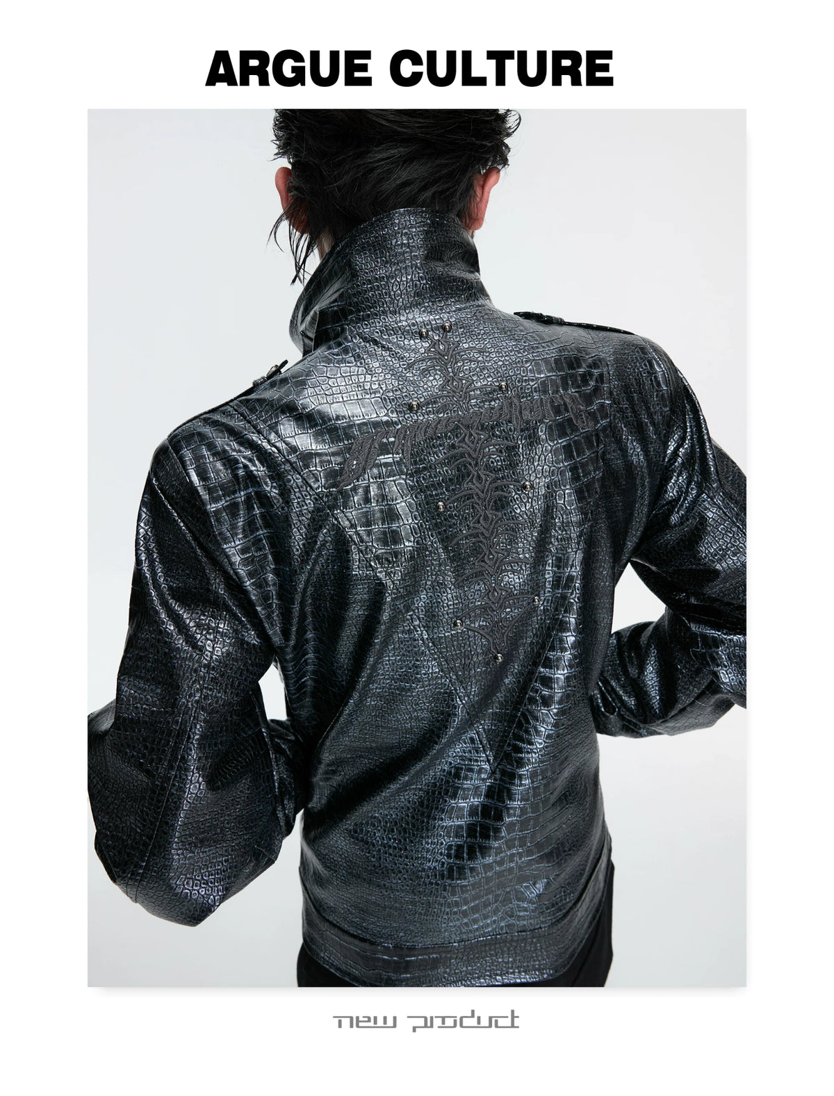 Black Croc-Embossed Synthetic Leather Zip-Front Jacket - detail image 11