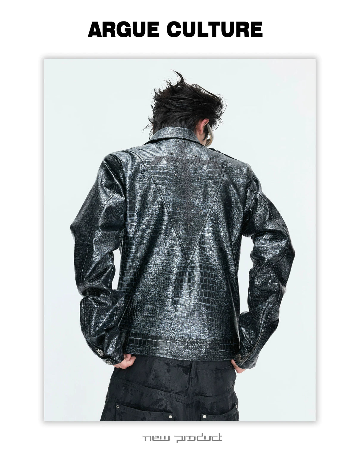Black Croc-Embossed Synthetic Leather Zip-Front Jacket - detail image 10