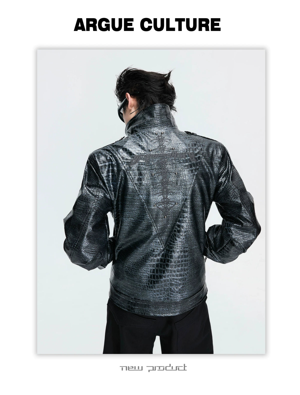Black Croc-Embossed Synthetic Leather Zip-Front Jacket - detail image 9
