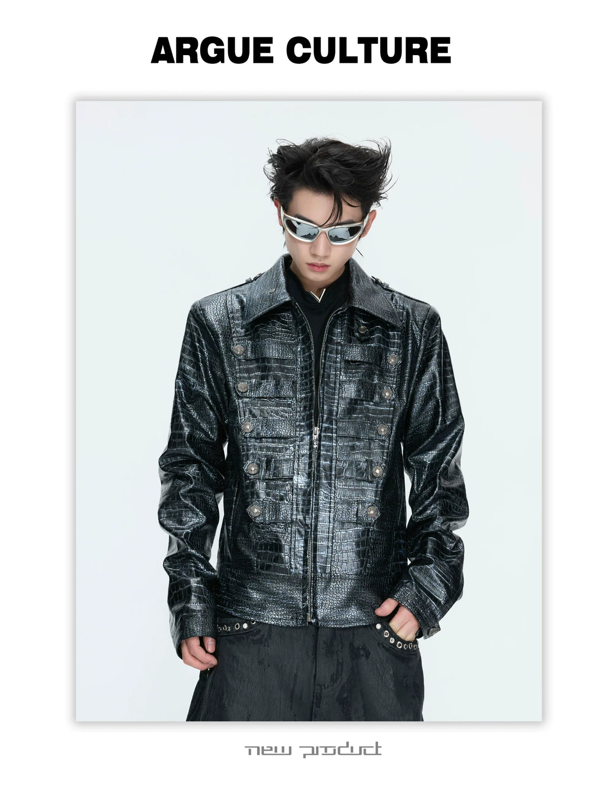 Black Croc-Embossed Synthetic Leather Zip-Front Jacket - detail image 6