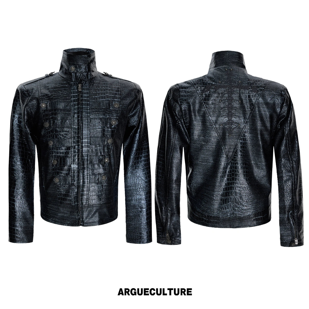 Black Croc-Embossed Synthetic Leather Zip-Front Jacket - Black