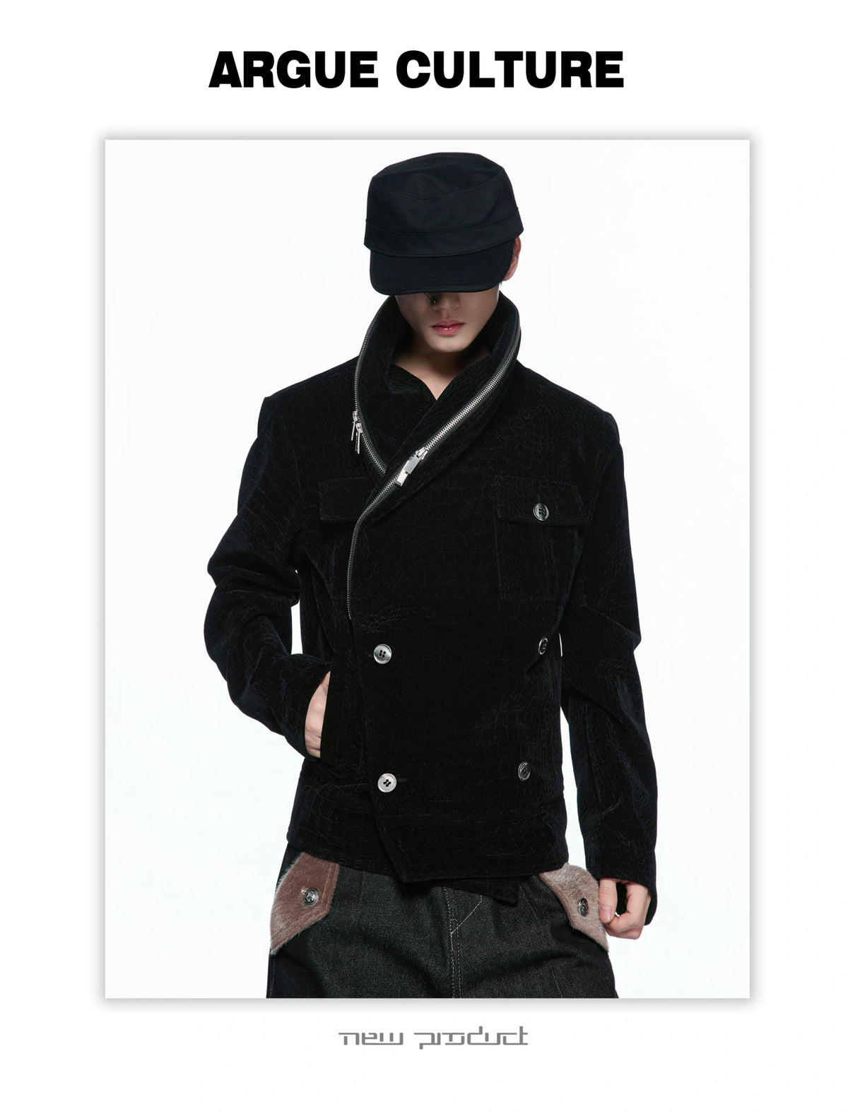 Black Crocodile-Texture Cropped Zip Biker Jacket - detail image 2