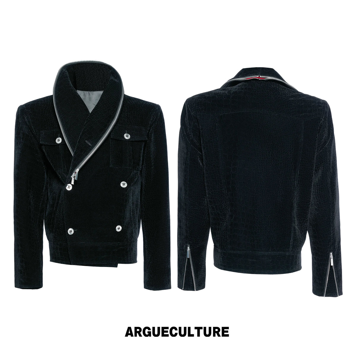 Black Crocodile-Texture Cropped Zip Biker Jacket - Black