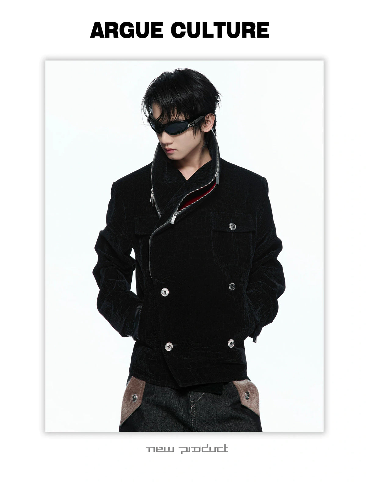 Black Crocodile-Texture Cropped Zip Biker Jacket - detail image 3