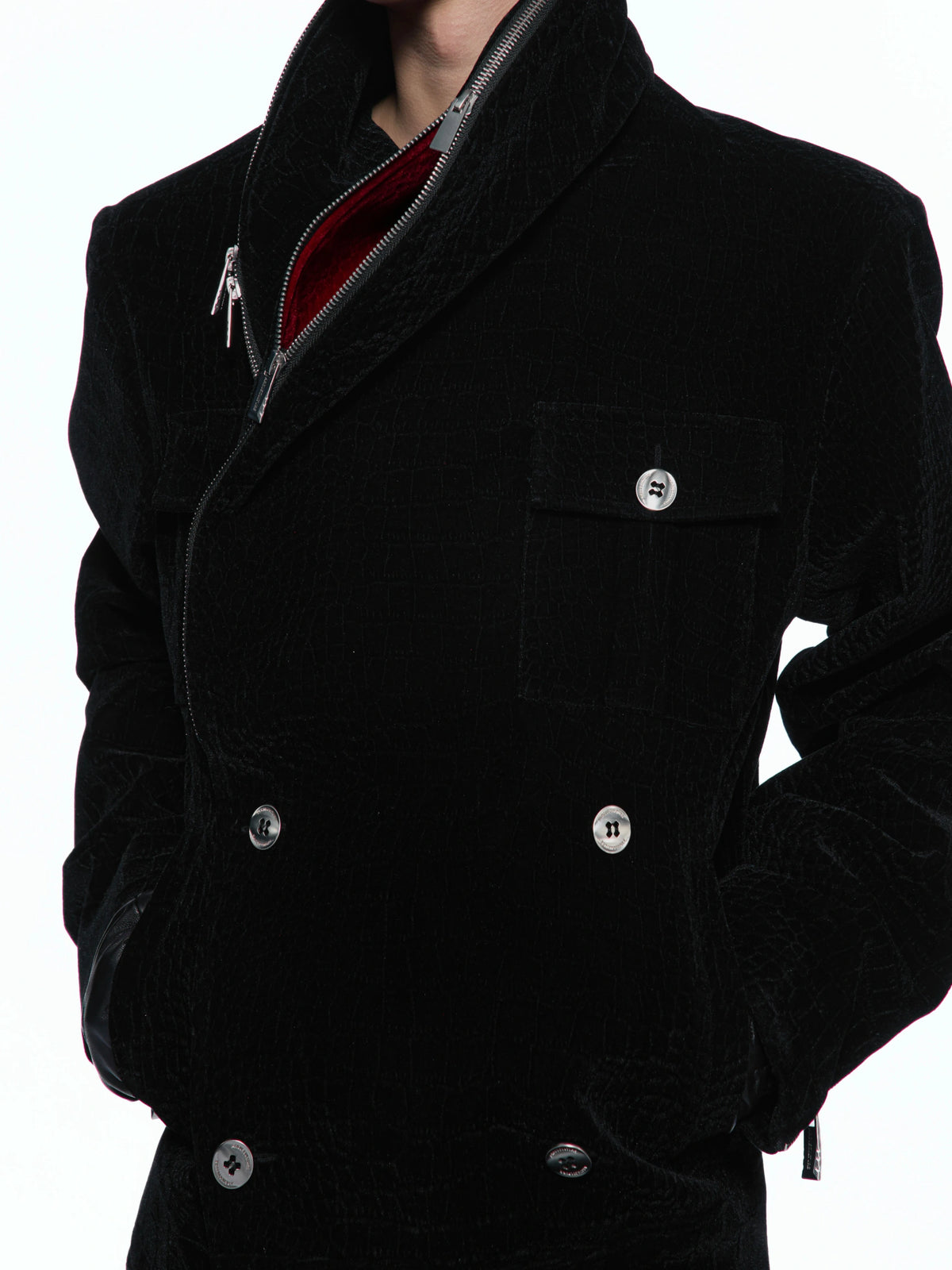Black Crocodile-Texture Cropped Zip Biker Jacket - main image 2