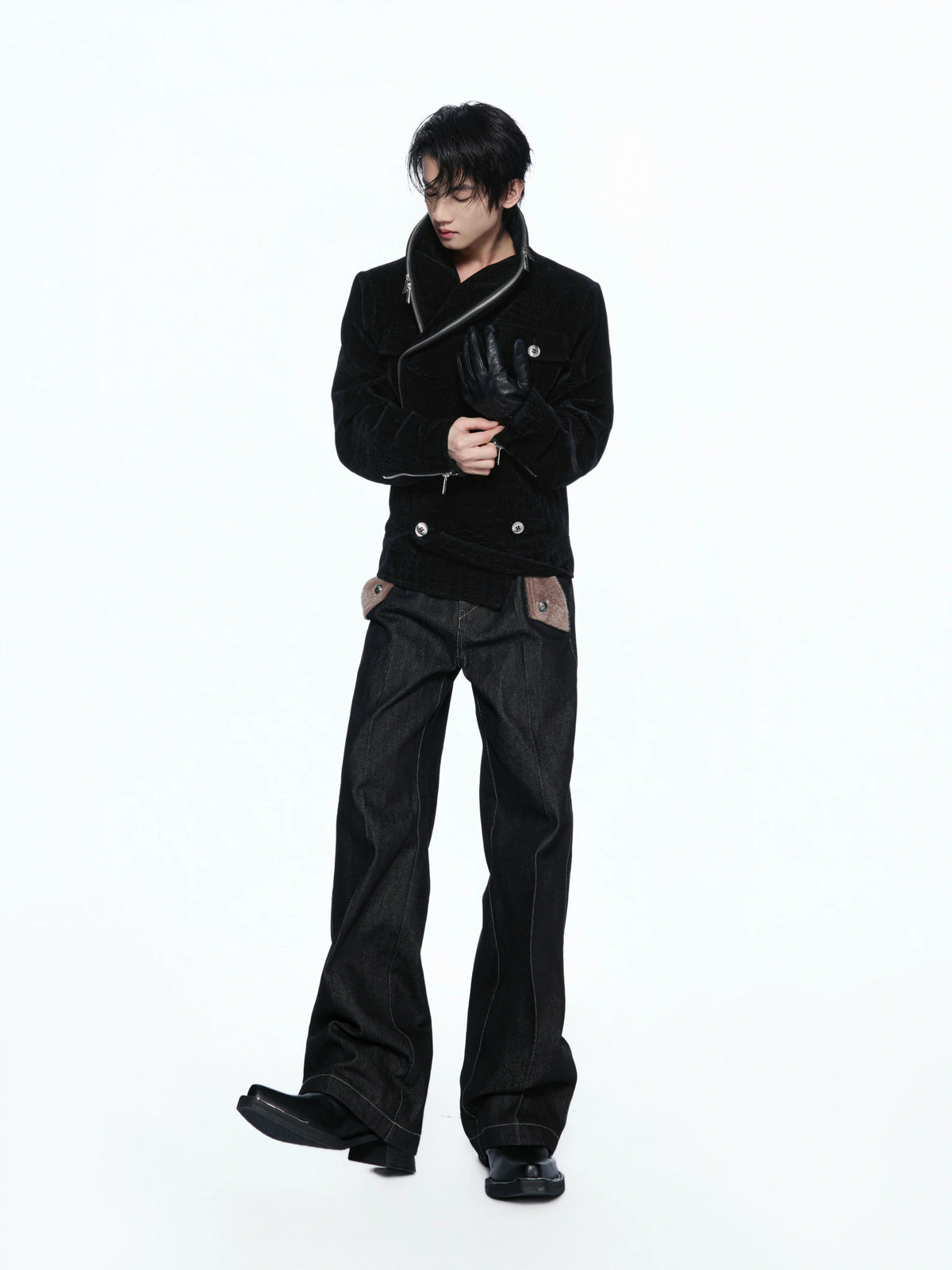 Black Crocodile-Texture Cropped Zip Biker Jacket - main image 3