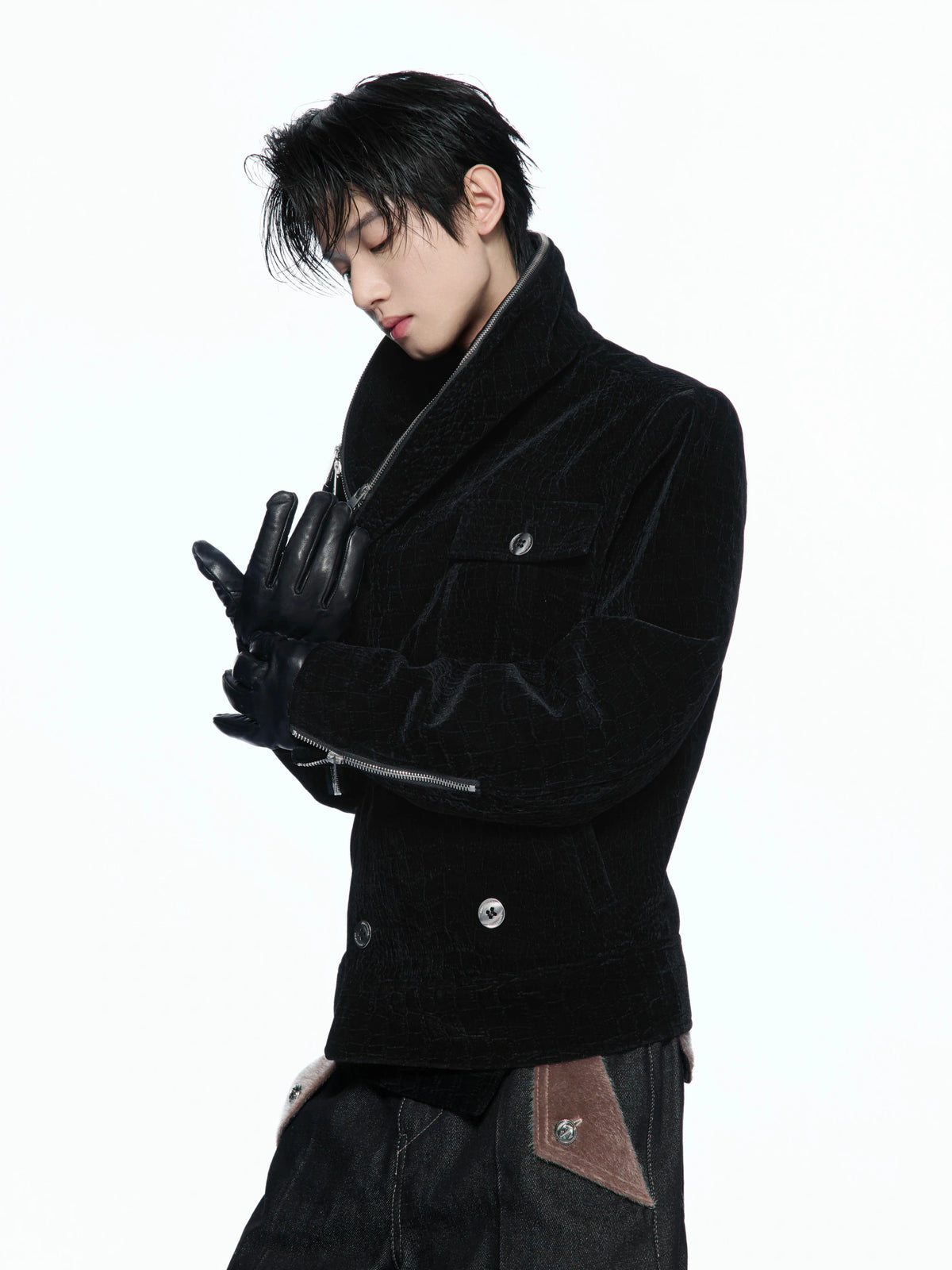 Black Crocodile-Texture Cropped Zip Biker Jacket - main image 5