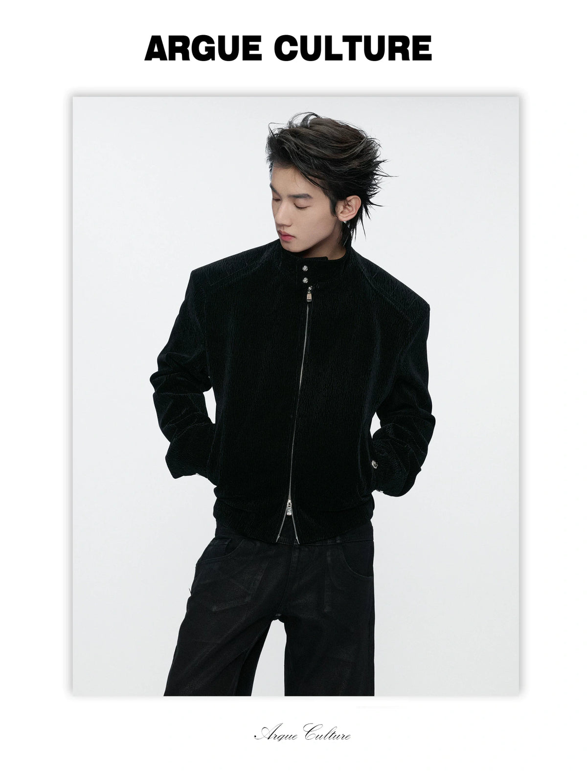 Black Cropped Stand-Collar Velour Jacket with Double Zip - detail image 6