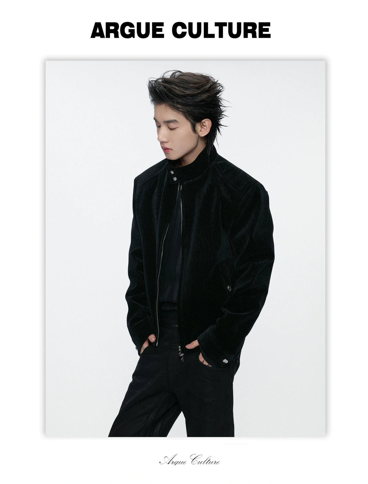 Black Cropped Stand-Collar Velour Jacket with Double Zip - detail image 3
