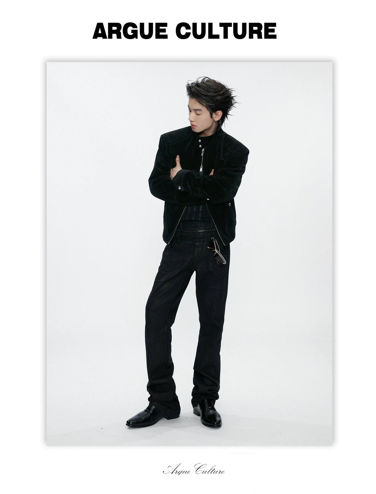 Black Cropped Stand-Collar Velour Jacket with Double Zip - detail image 10