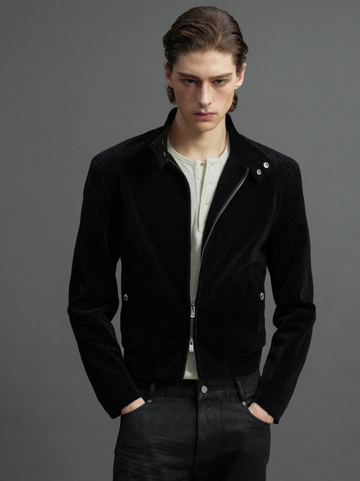 Black Cropped Stand-Collar Velour Jacket with Double Zip - main image 1