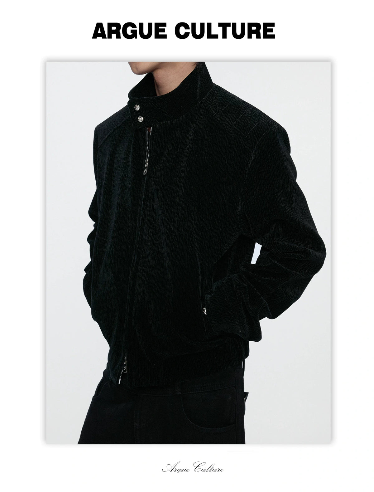 Black Cropped Stand-Collar Velour Jacket with Double Zip - detail image 8