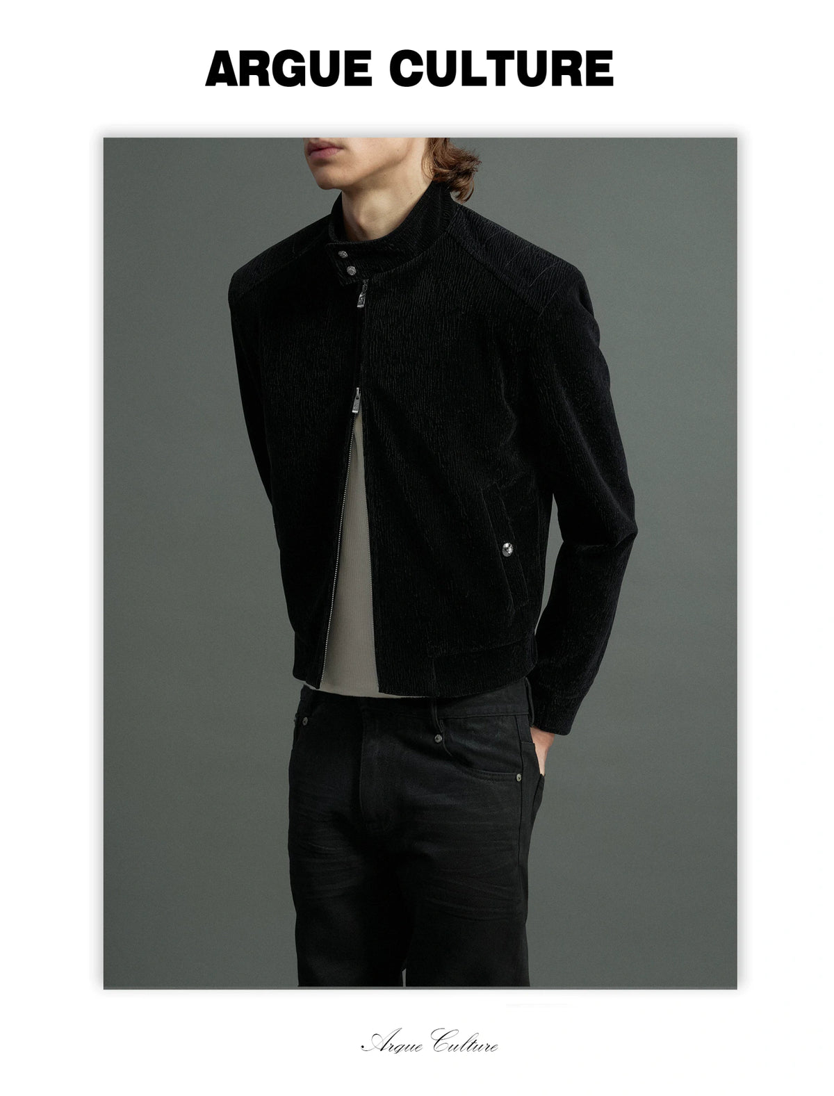 Black Cropped Stand-Collar Velour Jacket with Double Zip - detail image 16