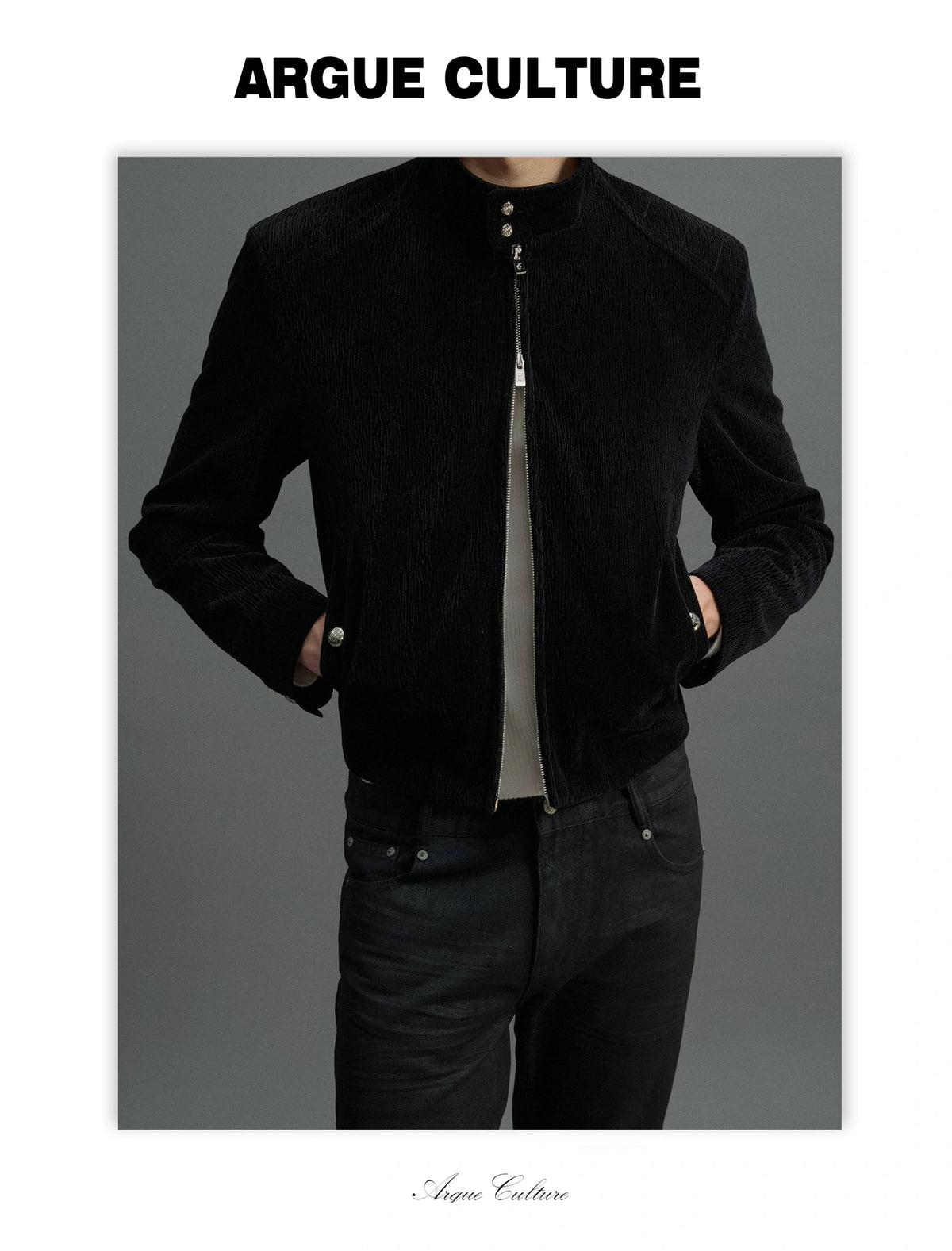 Black Cropped Stand-Collar Velour Jacket with Double Zip - detail image 12